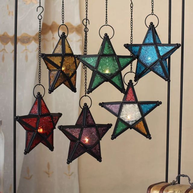 Lámpara Estrella Colgante con Portavelas de Cristal de Colores