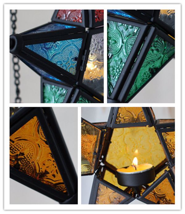 Lámpara Estrella Colgante con Portavelas de Cristal de Colores