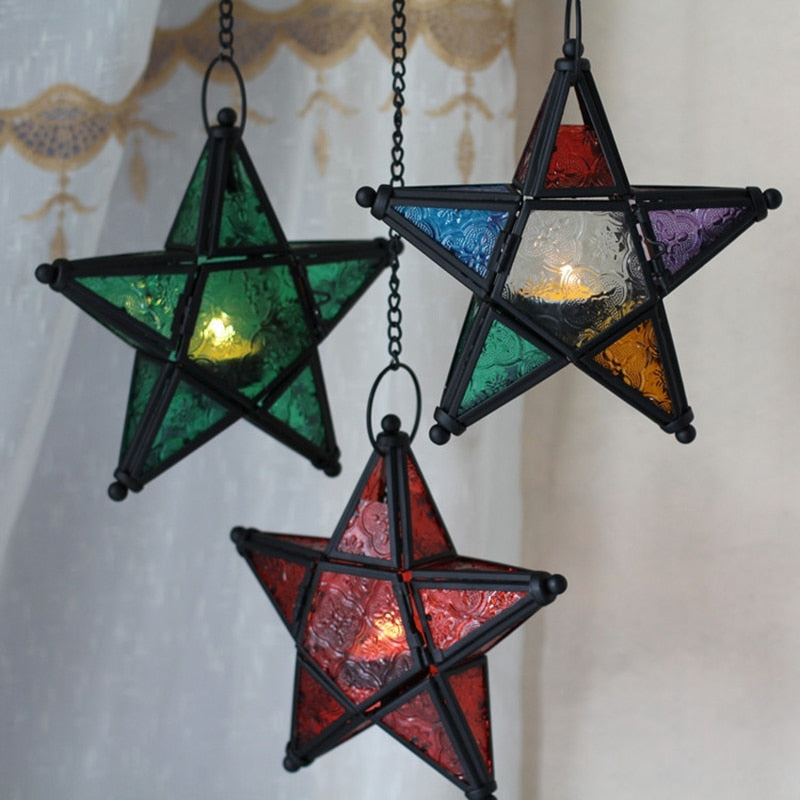 Lámpara Estrella Colgante con Portavelas de Cristal de Colores