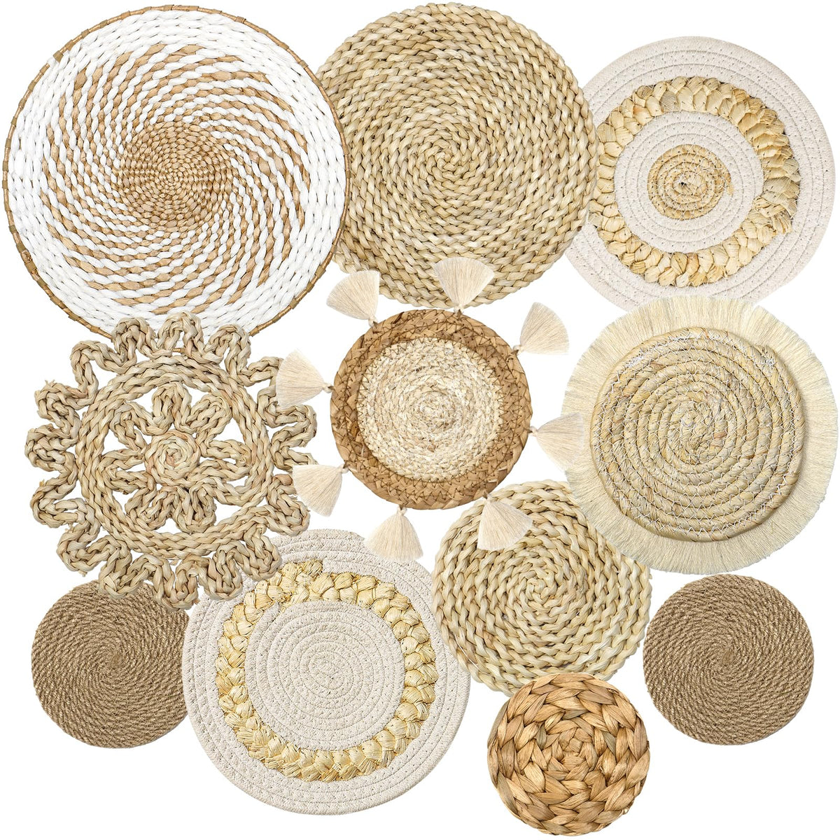 Set de 11 Cestas Boho Decorativas de Pared – Mimbre Tejido a Mano